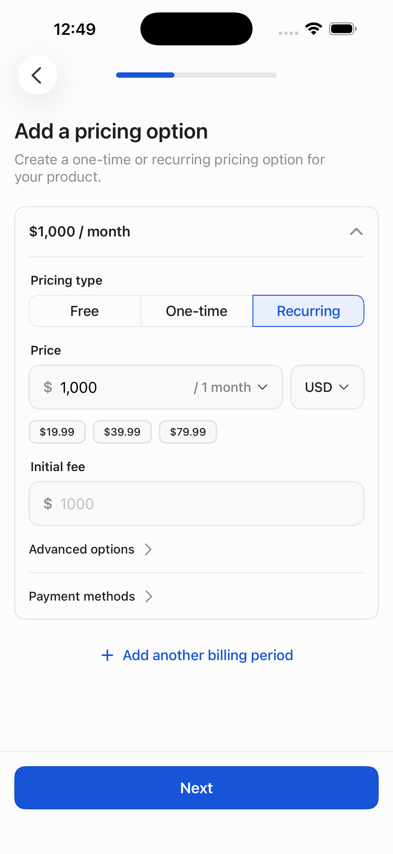 Create product — step 5: pricing