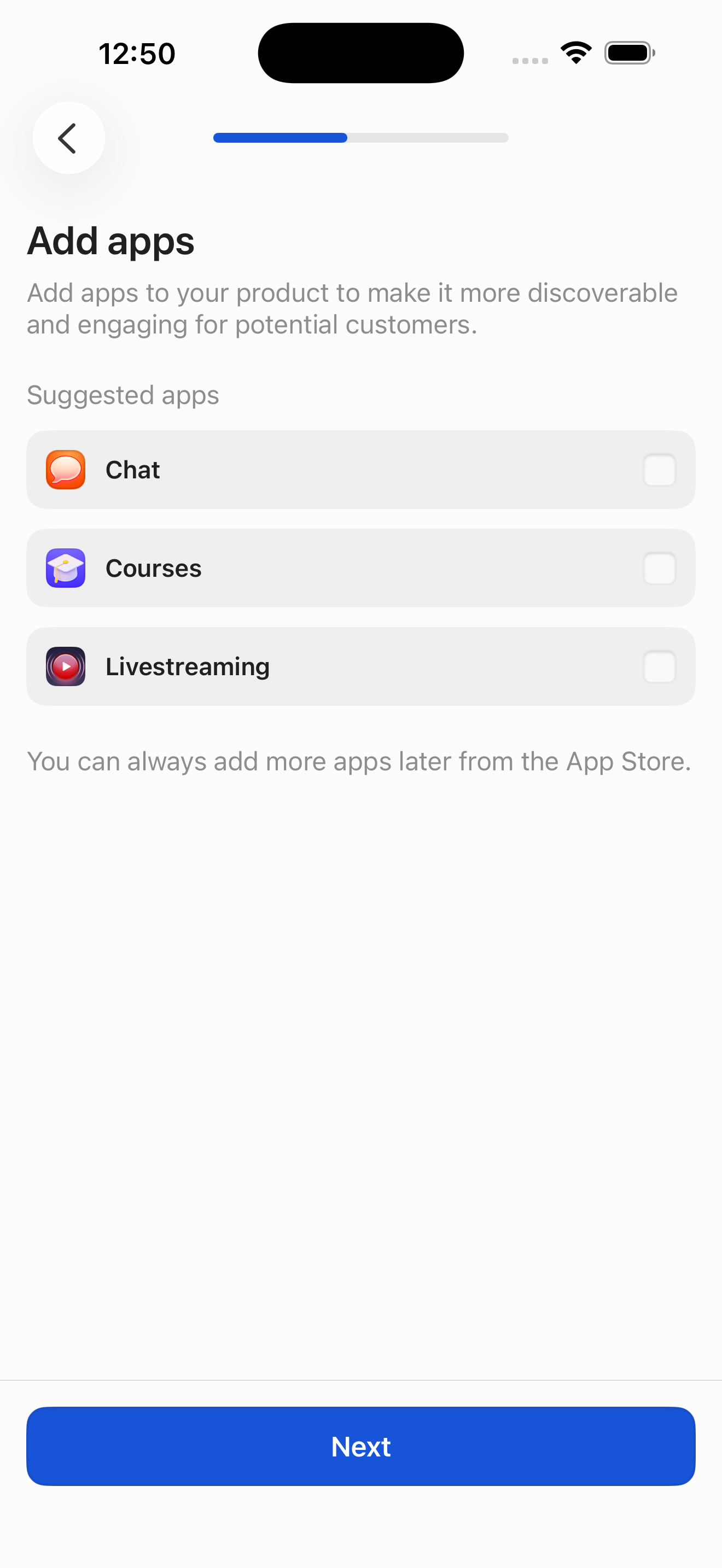 Create product — step 6: add apps