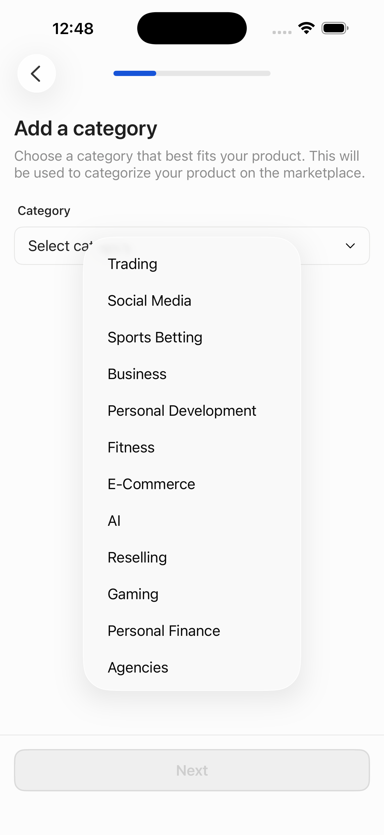 Whop Category picker dropdown screen in Create a whop and its first product flow