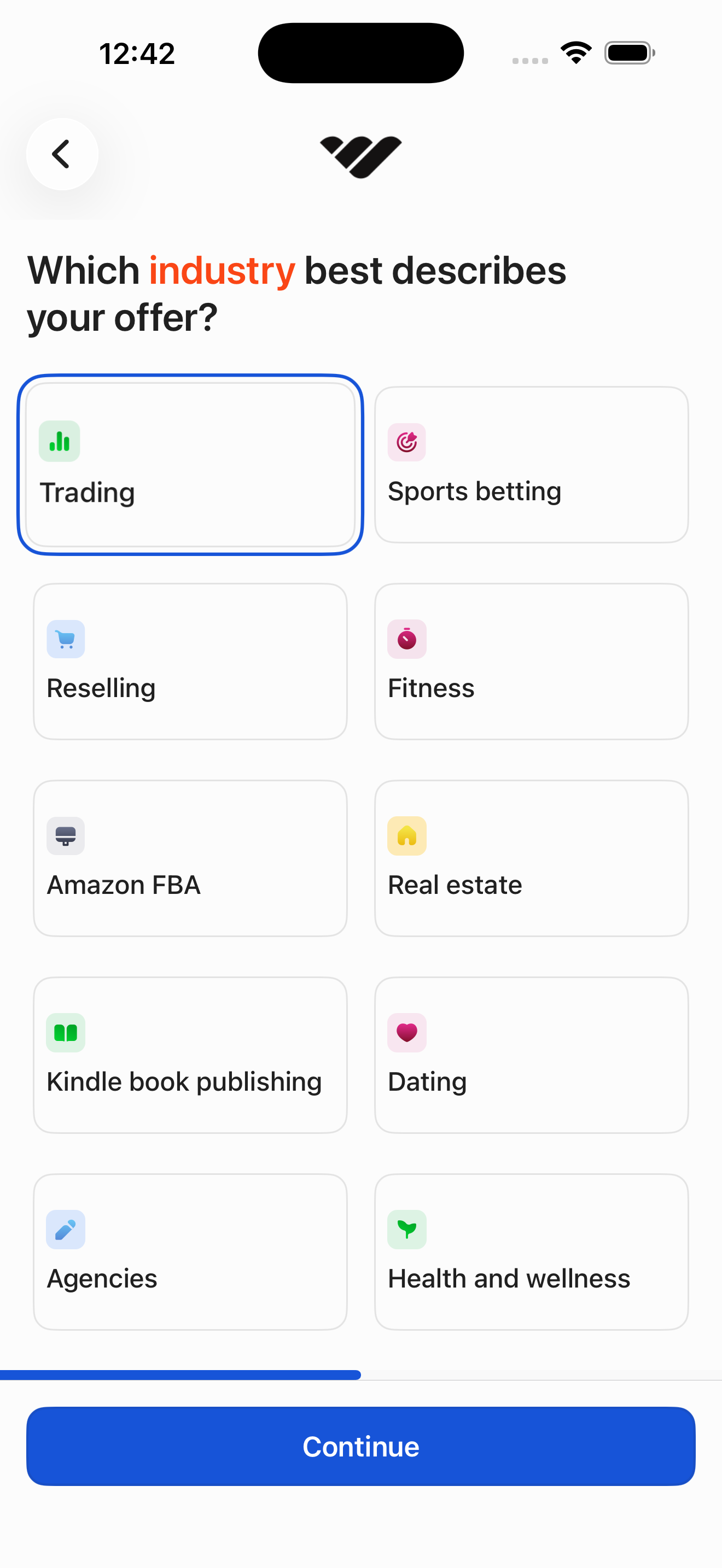 Create Whop — step 2: choose industry