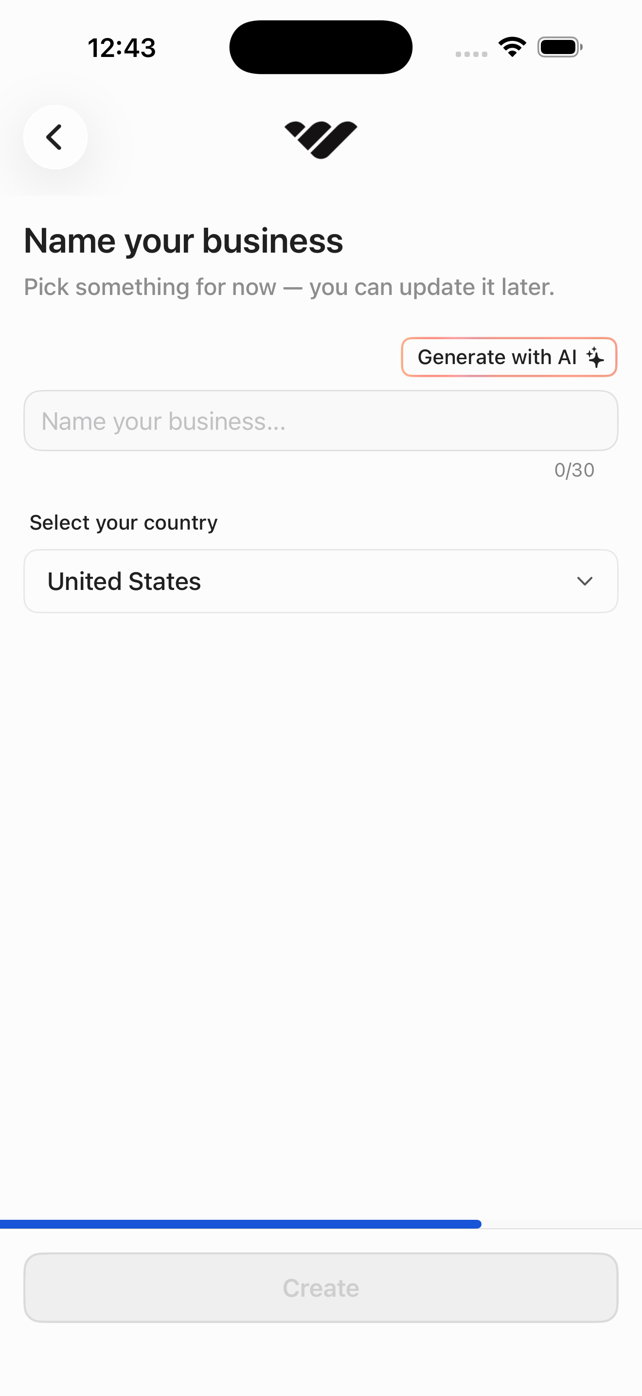 Create Whop — step 3: name + country