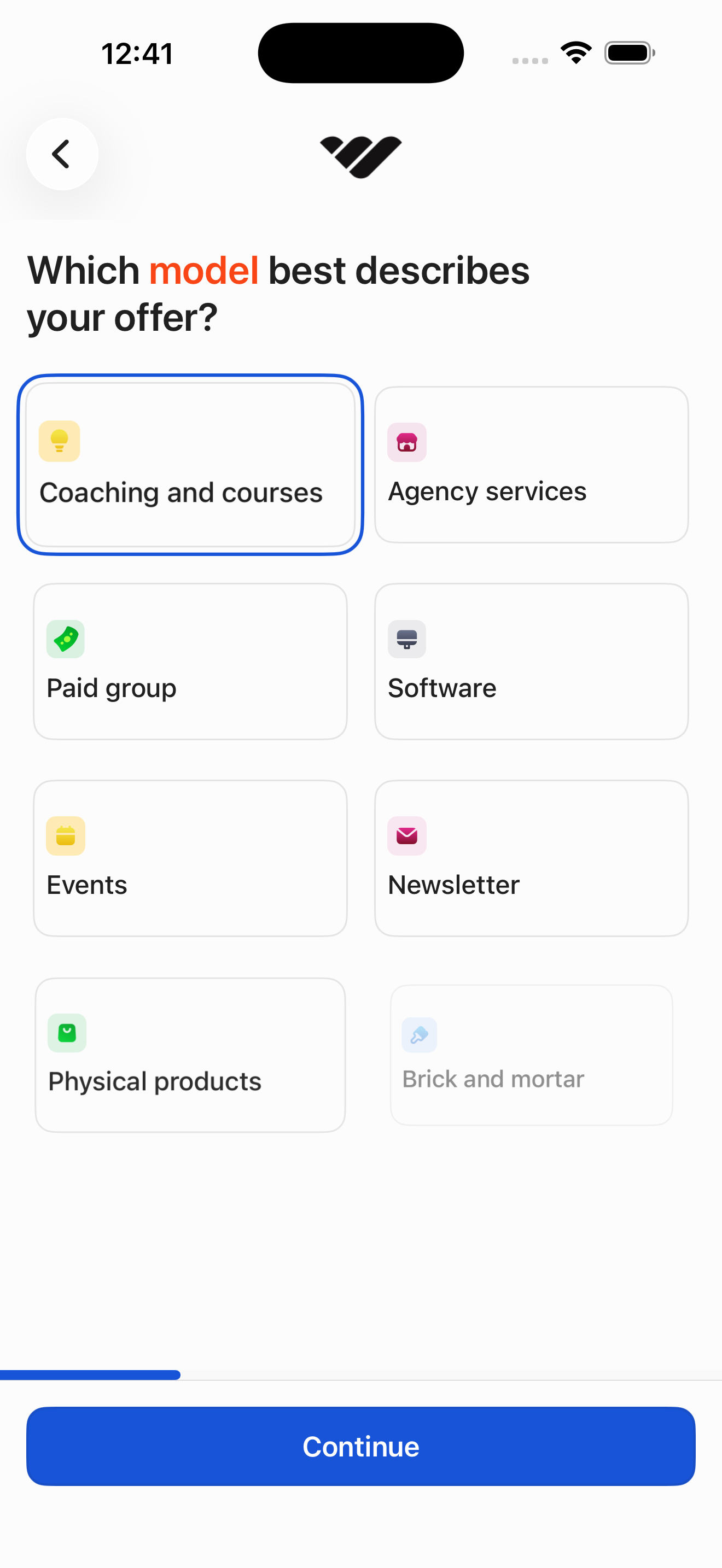 Create Whop — step 1: choose business model