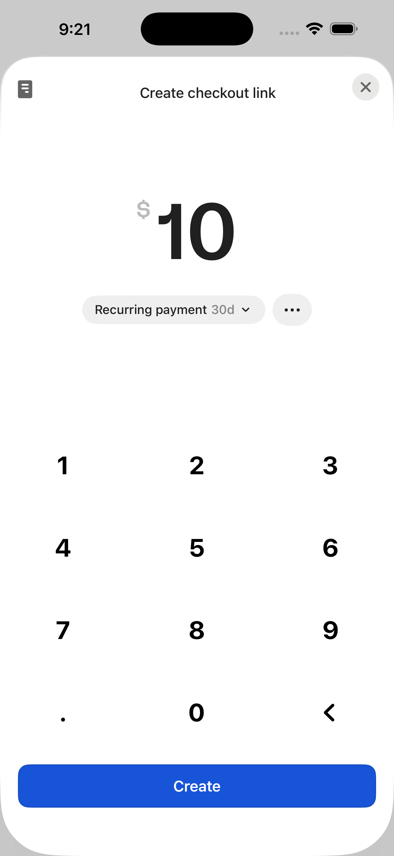 Create checkout link — amount + keypad