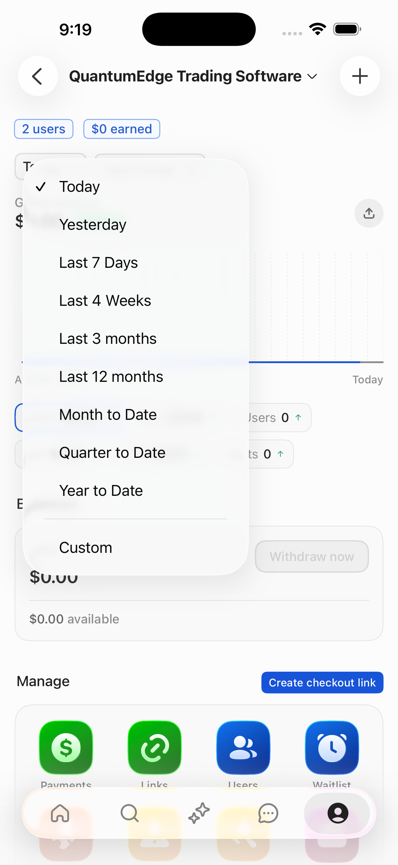 Dashboard date-range dropdown menu