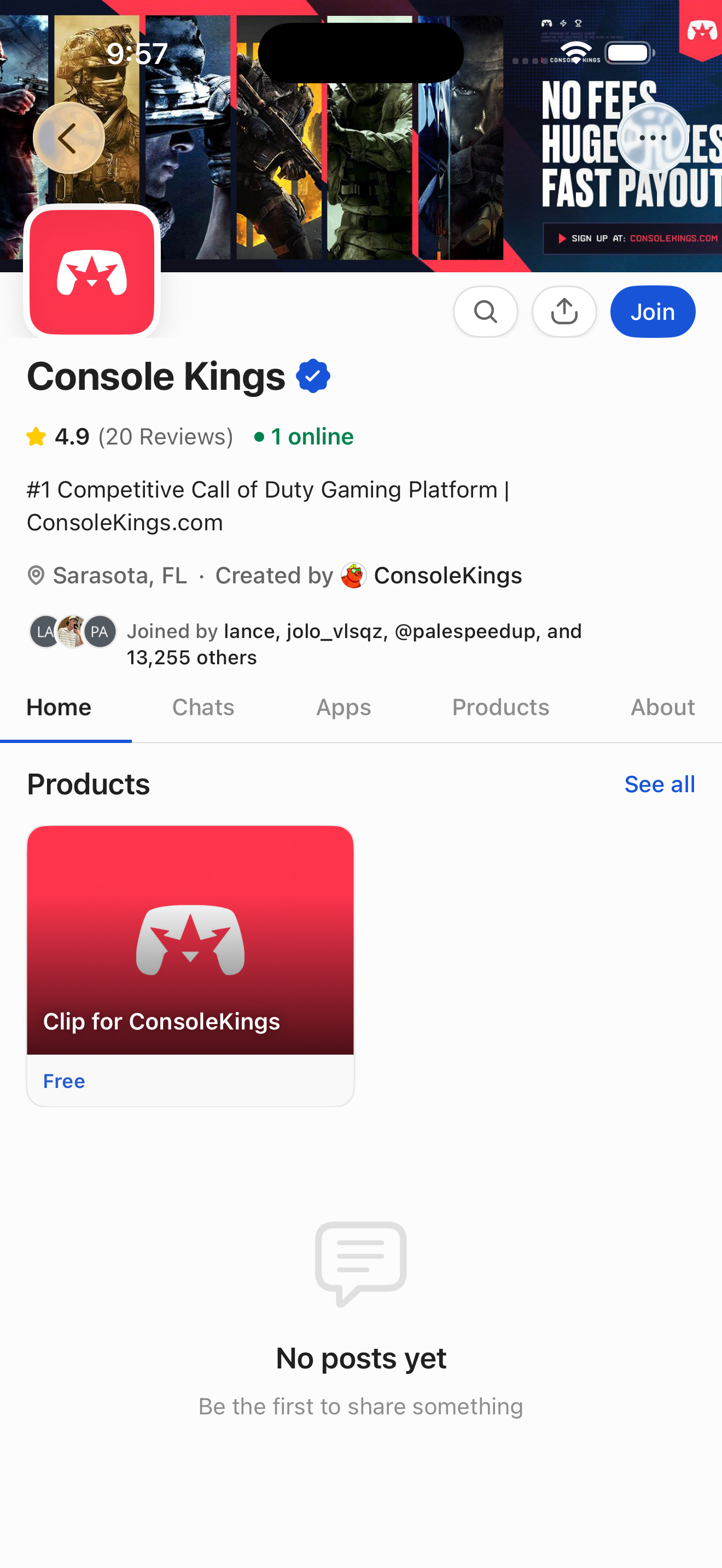 Whop Console Kings — public store page (visitor view) screen in Join a public whop flow
