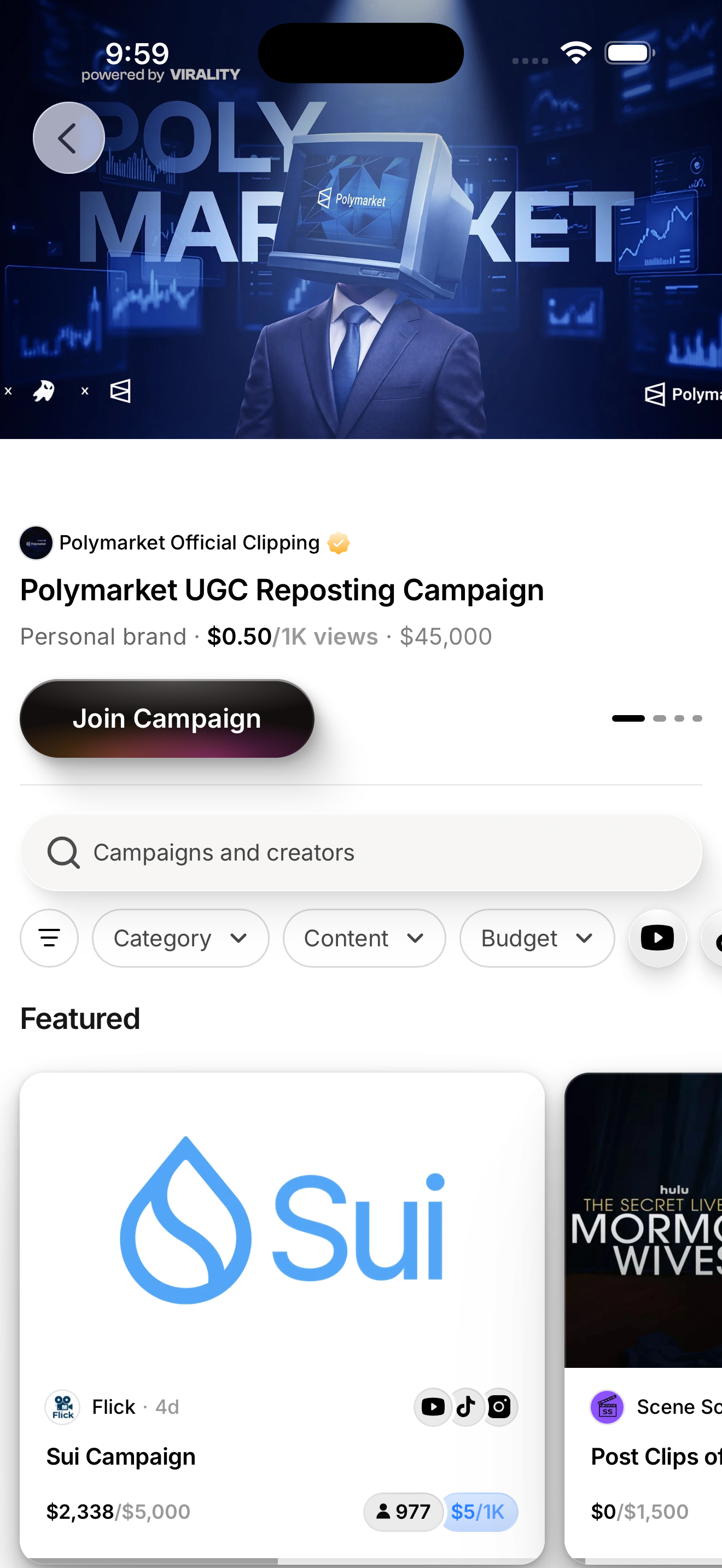 Whop Content rewards (Bounties home feed) screen in Browse bounty campaigns flow