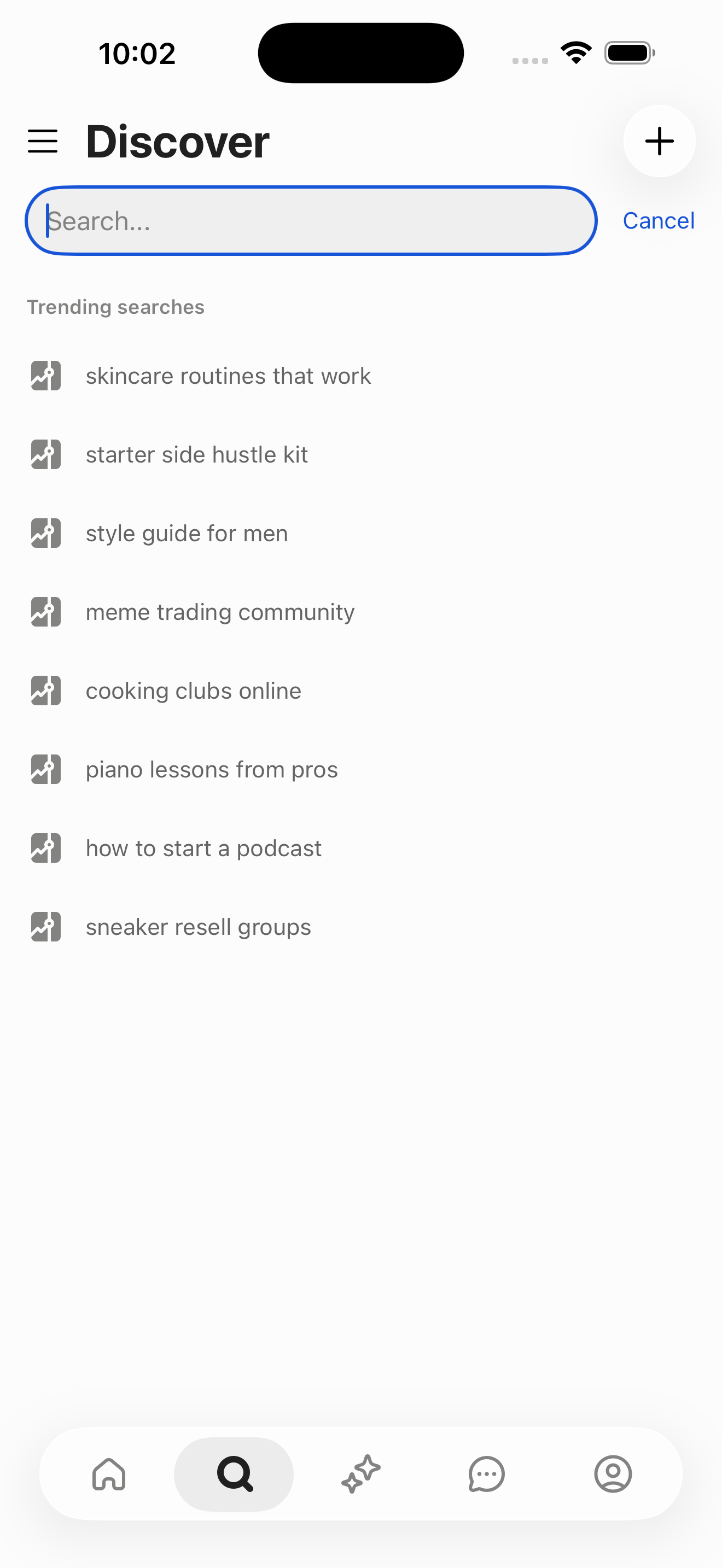Whop Discover Search — active (trending suggestions) screen in Search Whops flow