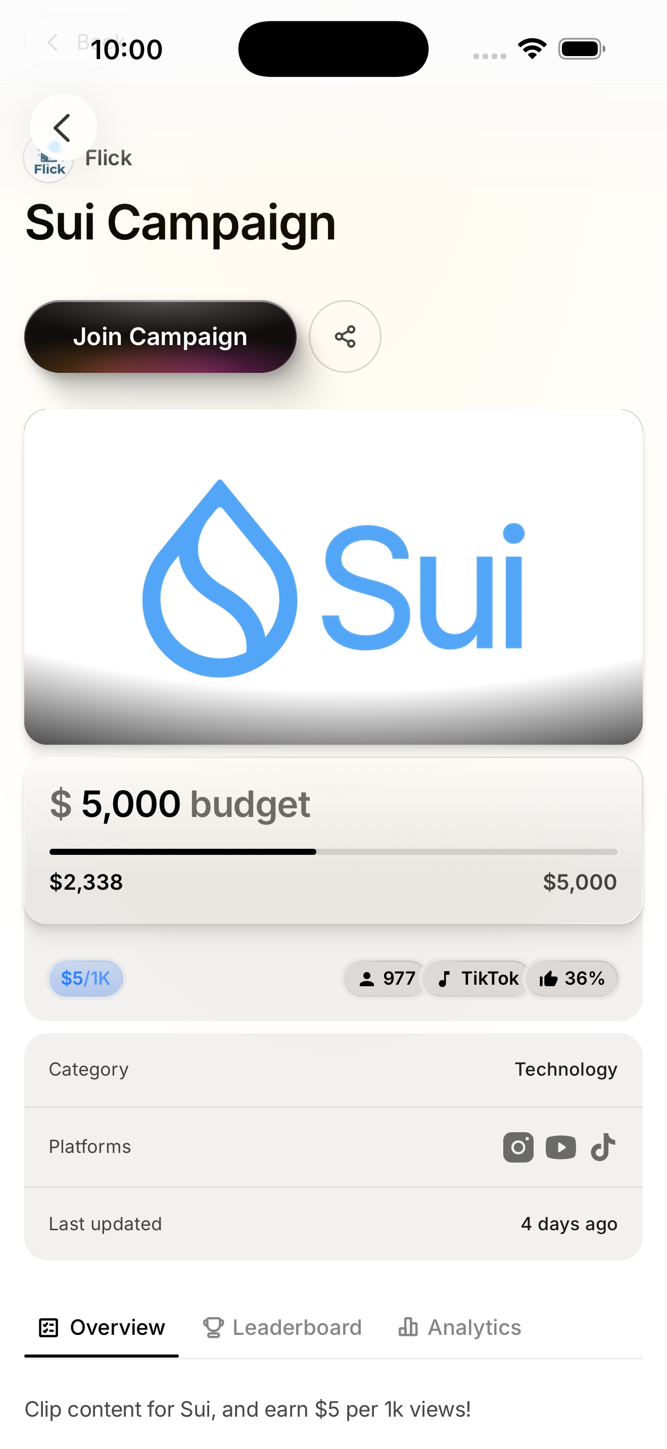 Sui Campaign — full page with Overview/Leaderboard/Analytics