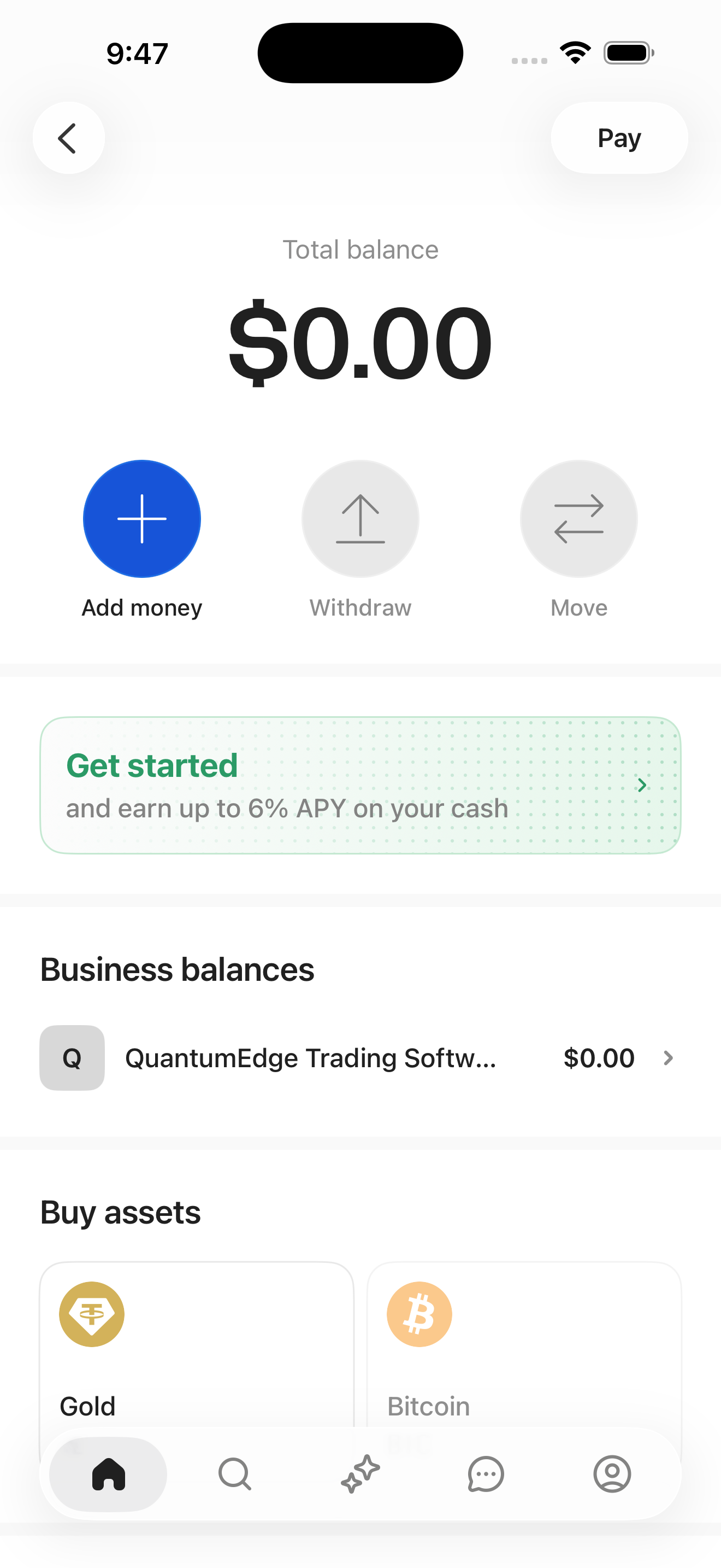 Finance — main (Balance / Add money / Withdraw / Move / Buy assets)