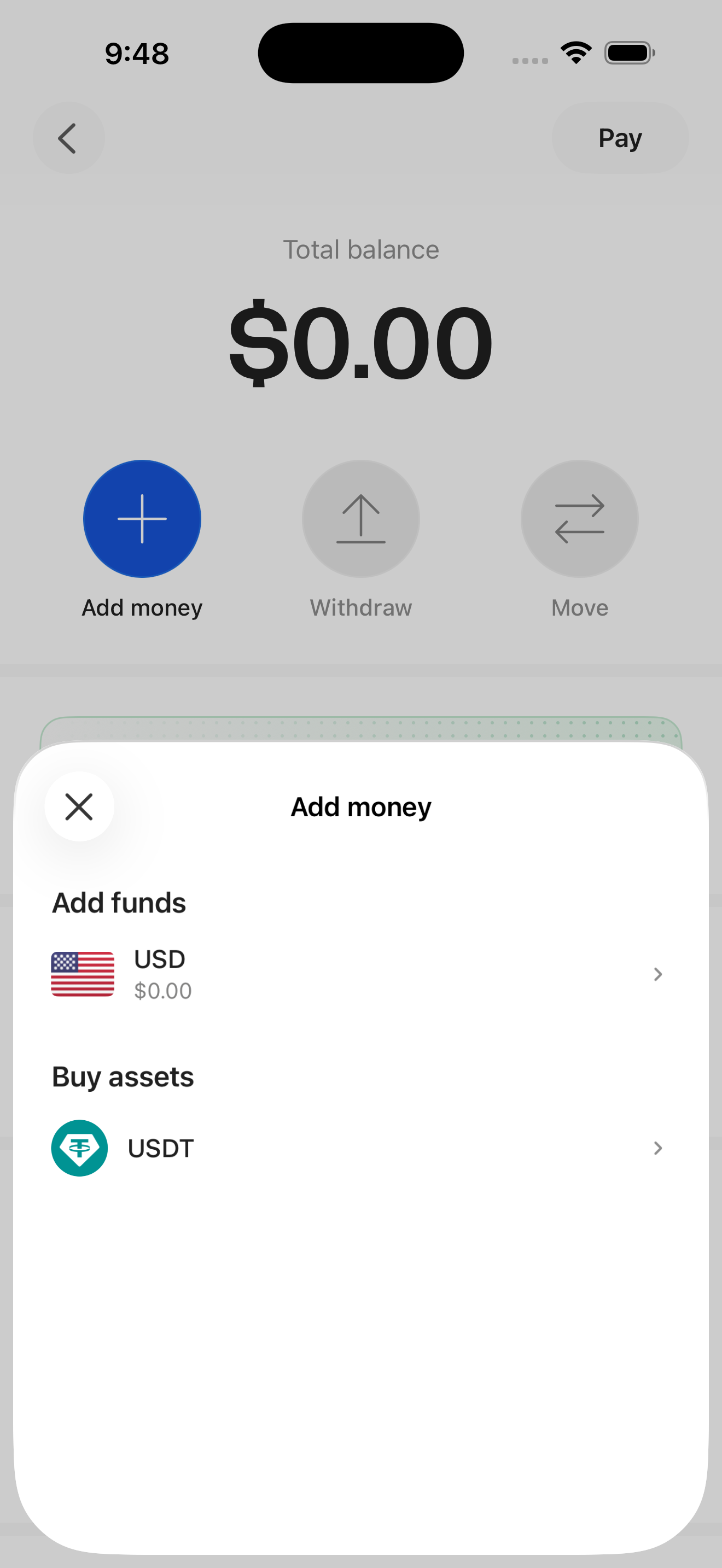 Add money sheet (Add funds USD / Buy assets USDT)