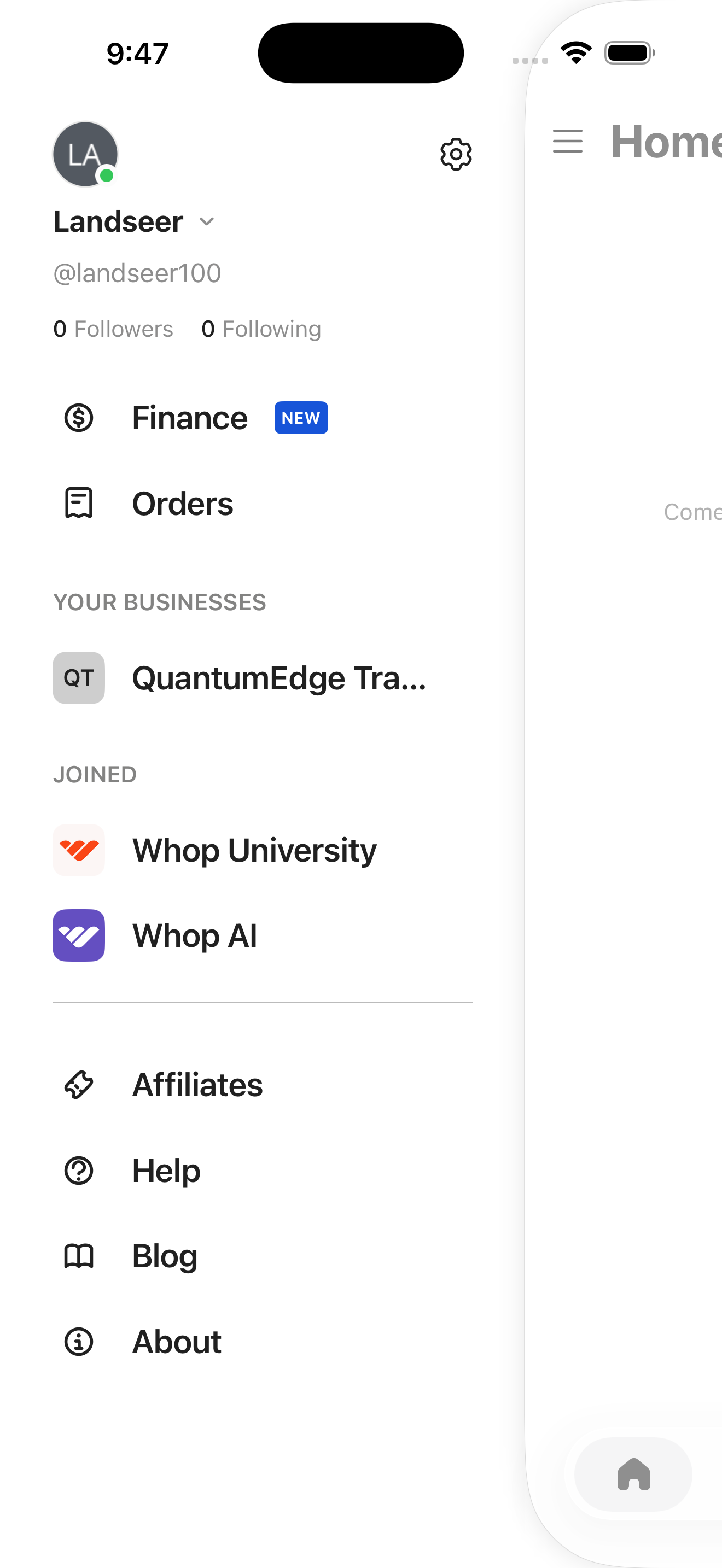 Home — Left drawer (Finance, Orders, Businesses, Joined, Affiliates, Help, Blog, About)