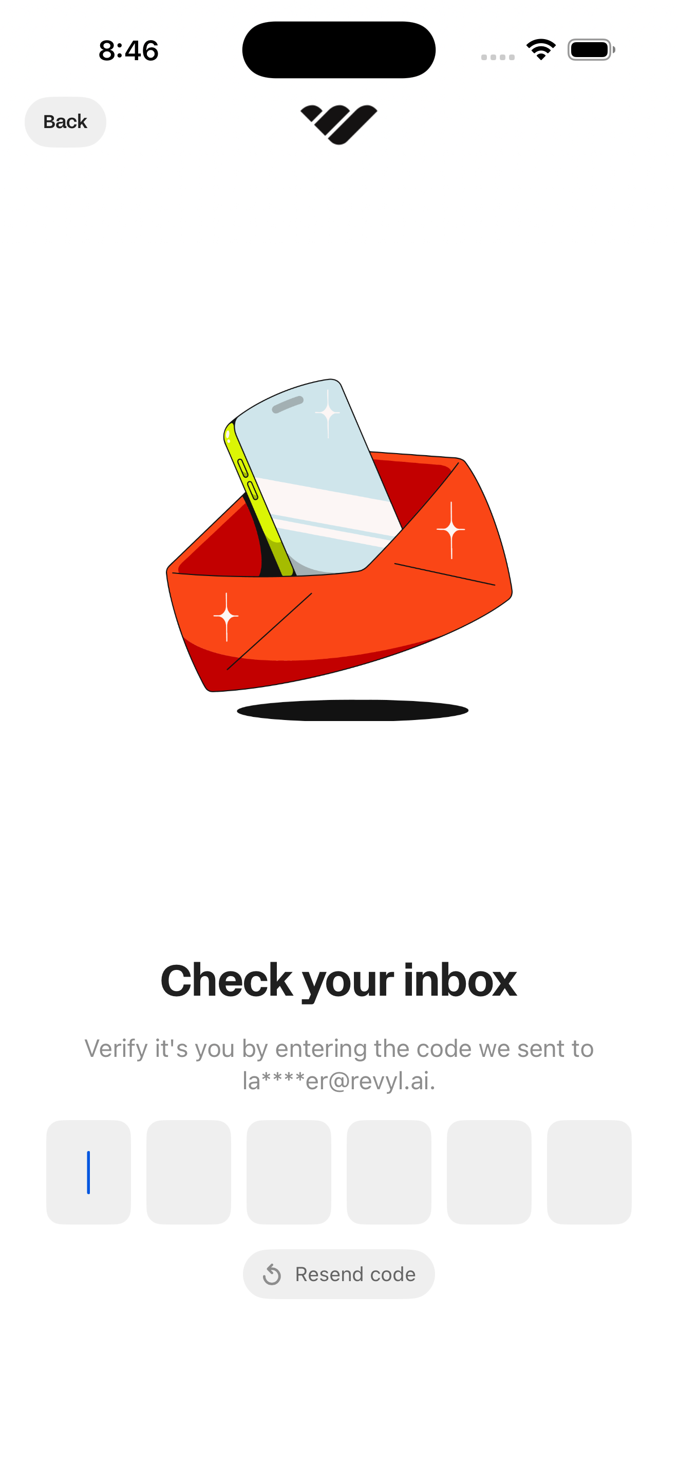 Whop Log in — Check your inbox (6-digit code) screen in Sign in + reach home flow