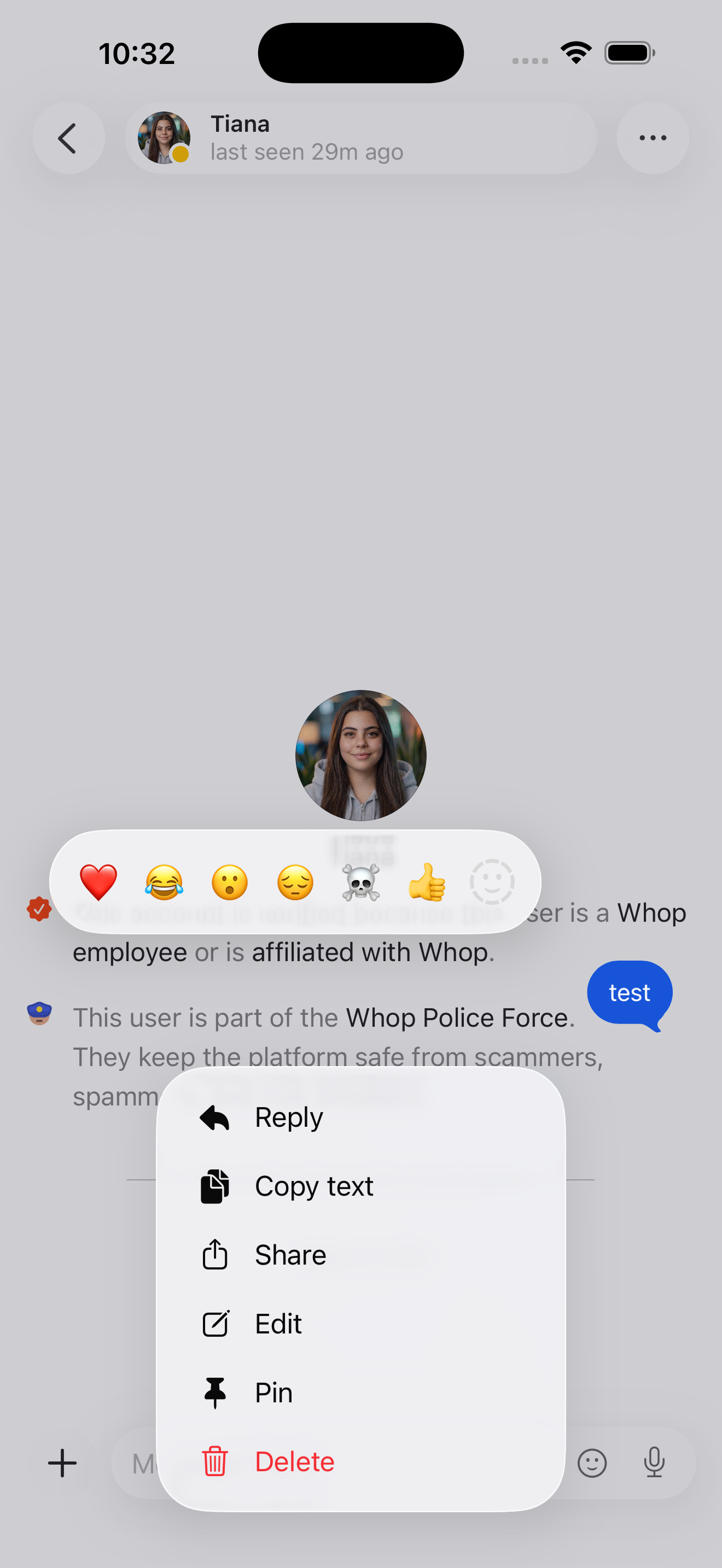 Message long-press menu (reactions + Reply/Copy/Share/Edit/Pin/Delete)
