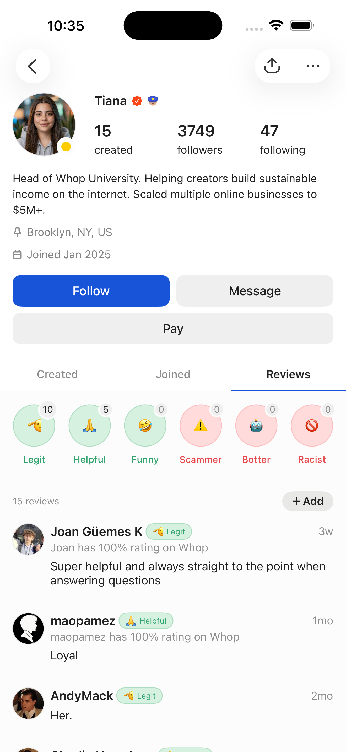 User profile — Reviews tab (categories + list)