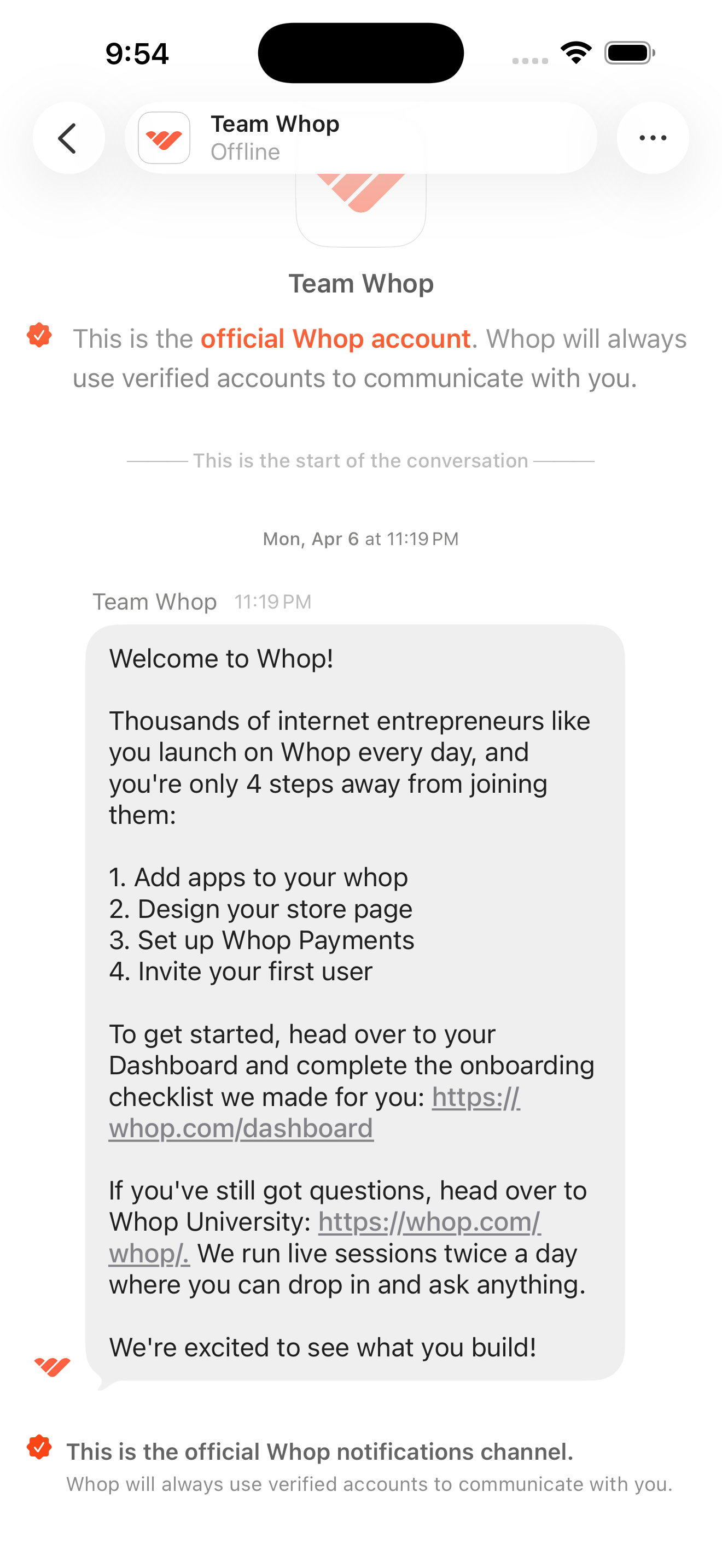 Messages — Team Whop thread (chat view)