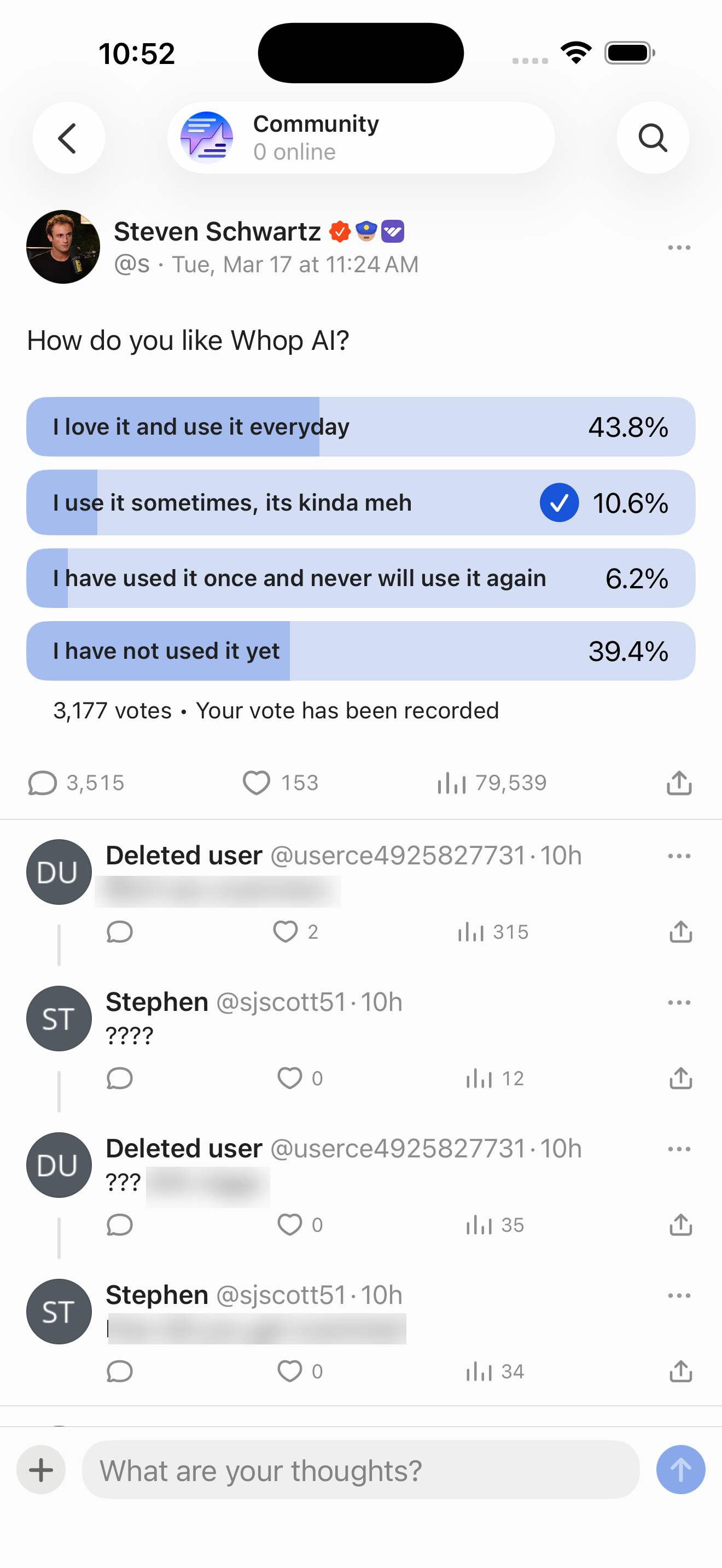 Whop Post detail — threaded replies (Community view) screen in Read a post with replies flow