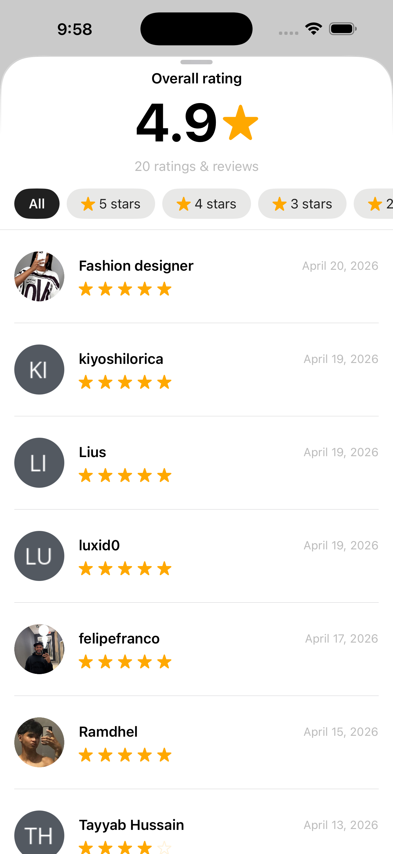 Whop Product reviews sheet (Overall rating + filters + list) screen in Read product reviews before joining flow