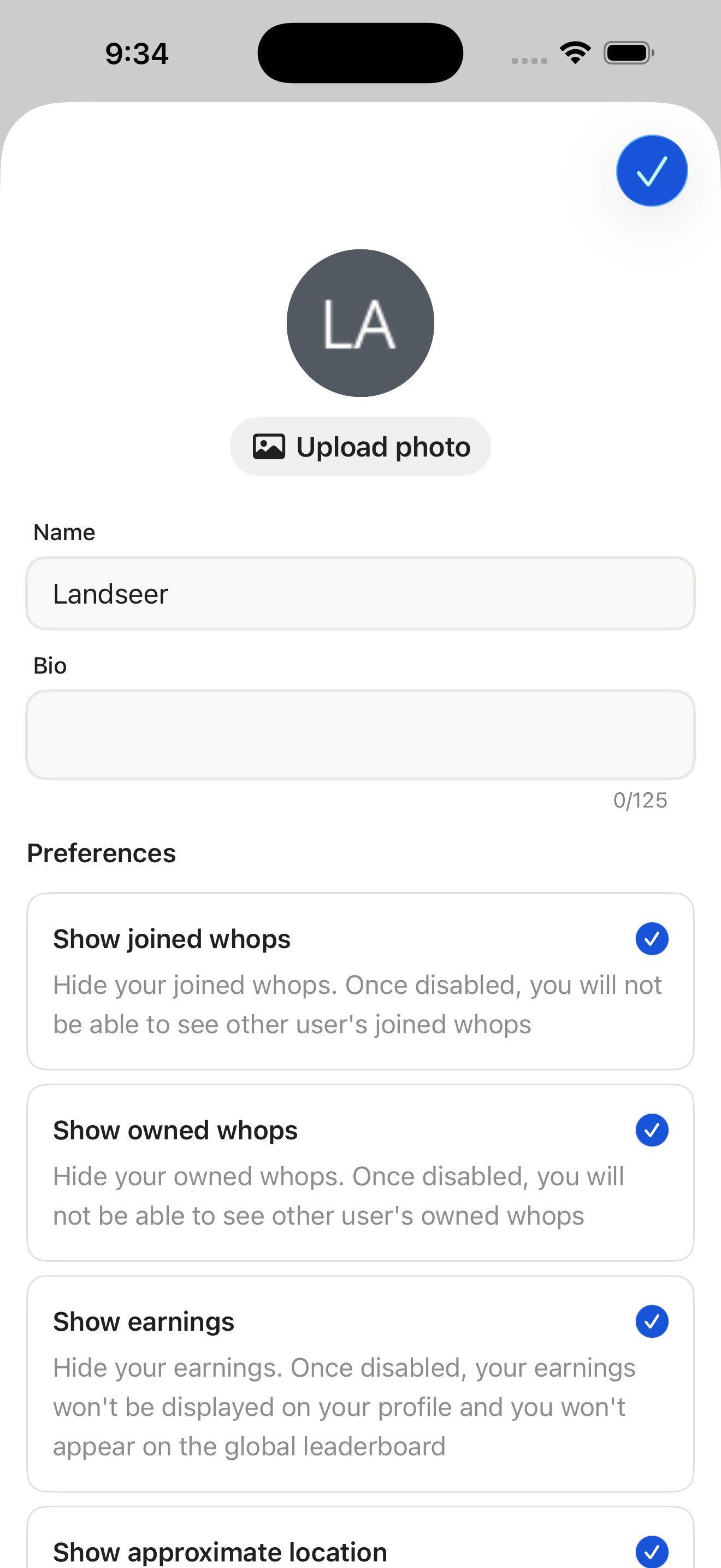 Edit profile sheet