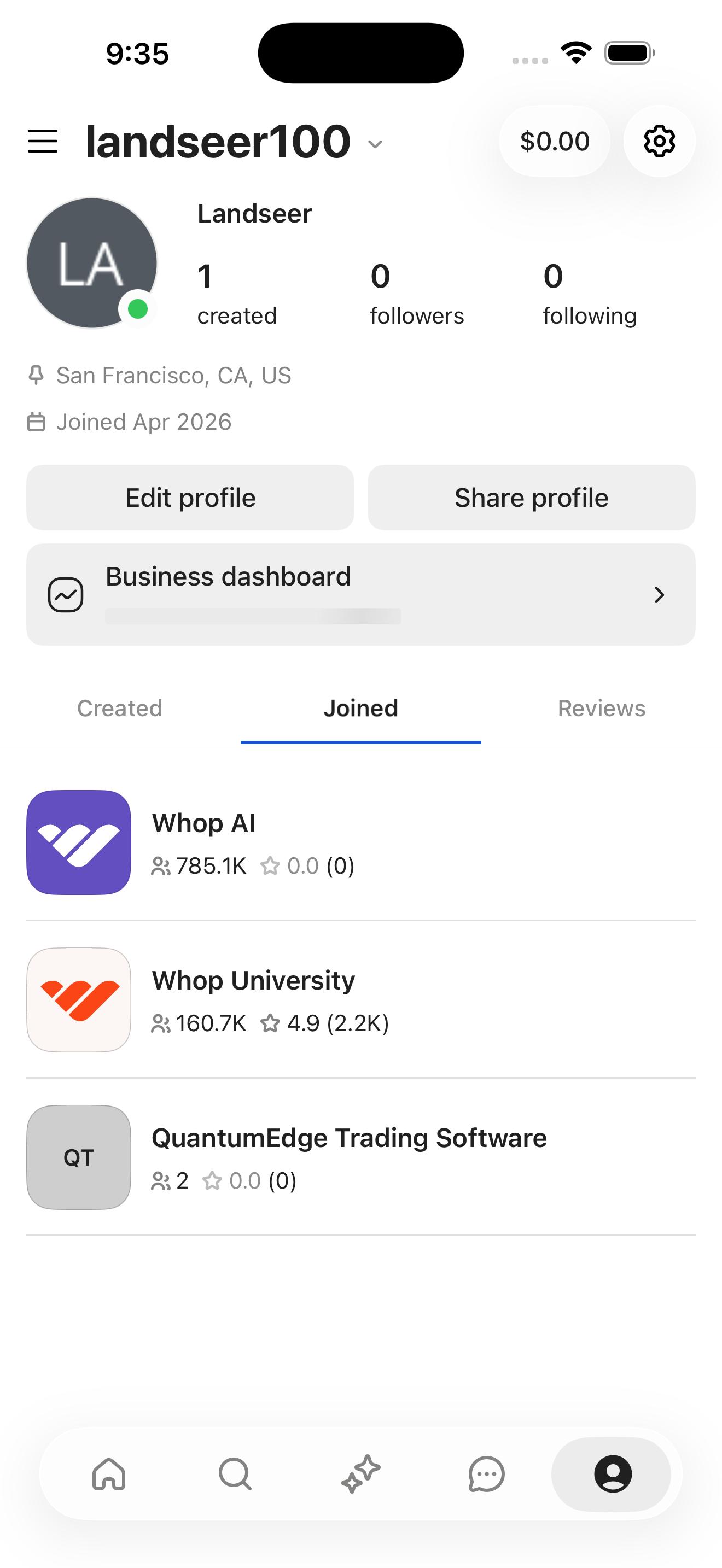 Whop Profile — Joined whops screen in Read a post with replies flow
