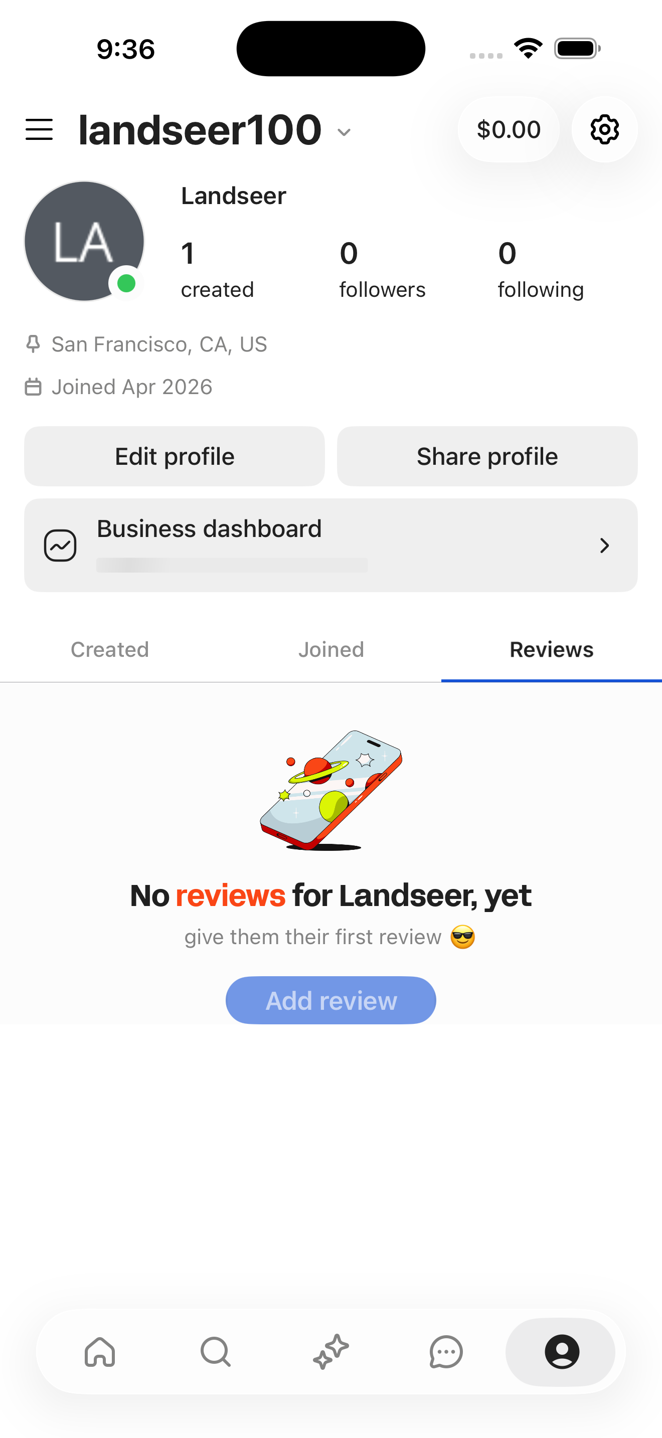 Profile — Reviews (empty)