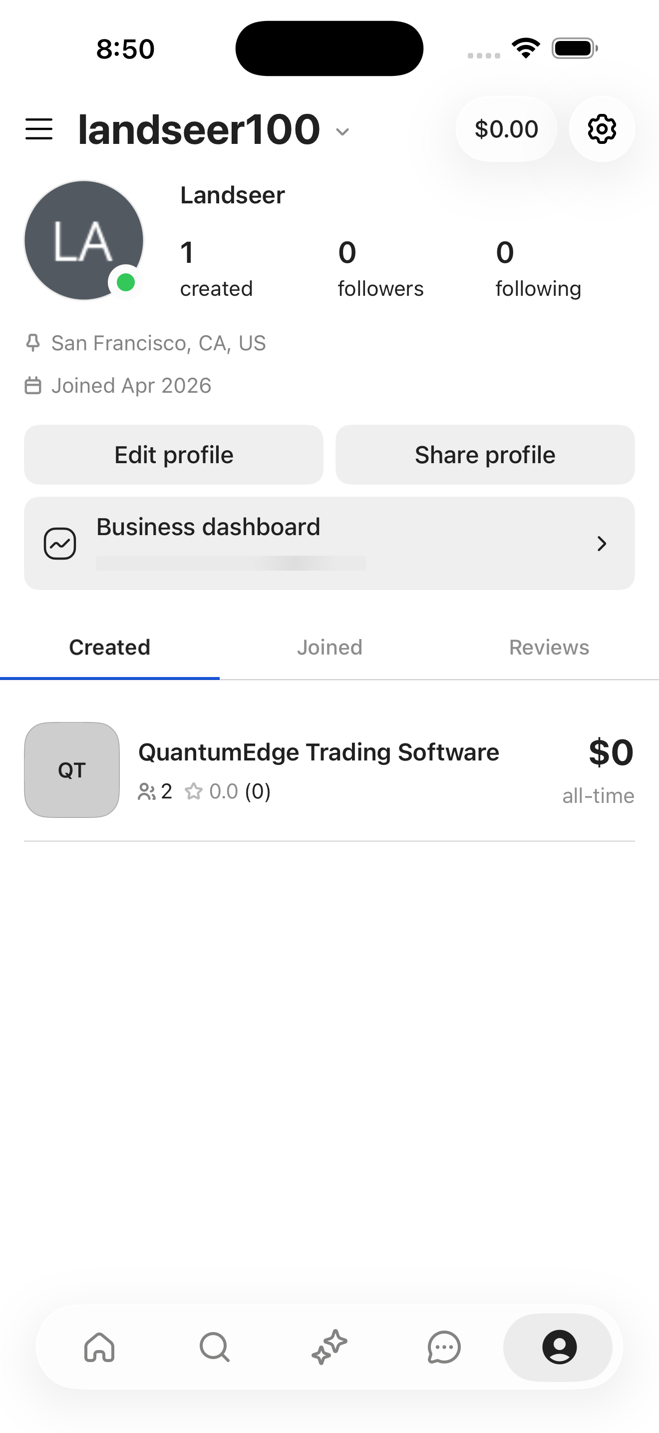 Whop Profile — landseer100 screen in Create a whop and its first product flow