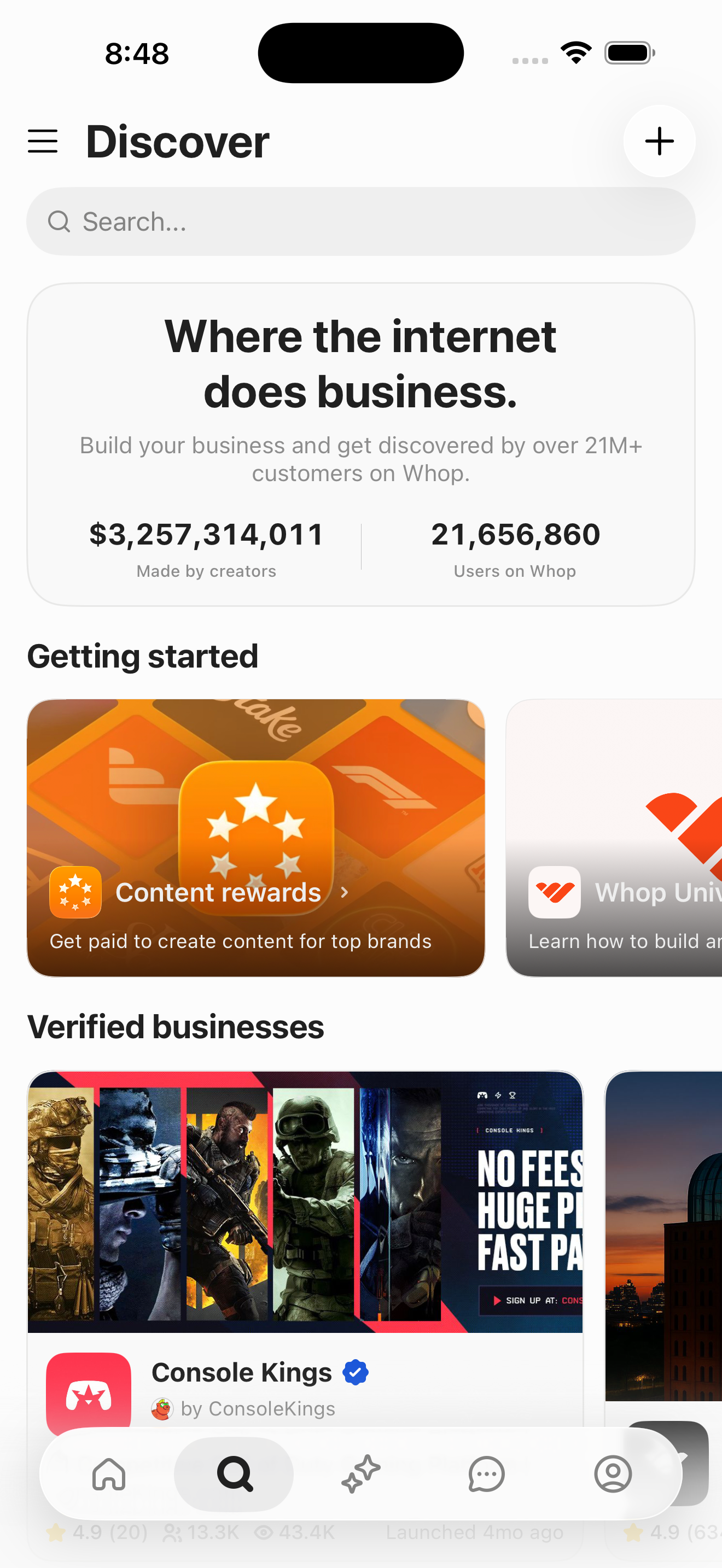 Whop Discover — browse Whops + search screen in Search Whops flow