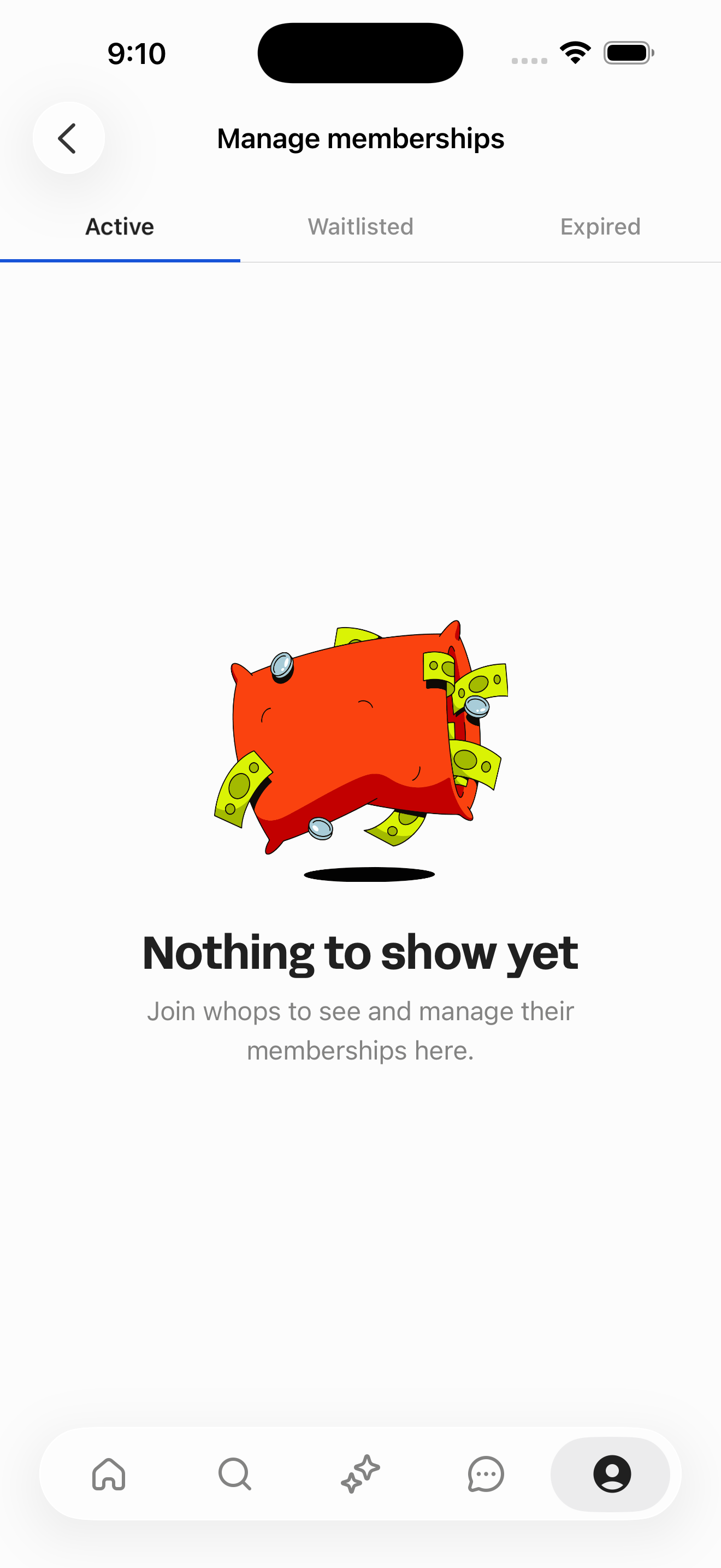 Manage memberships — empty (Active/Waitlisted/Expired)