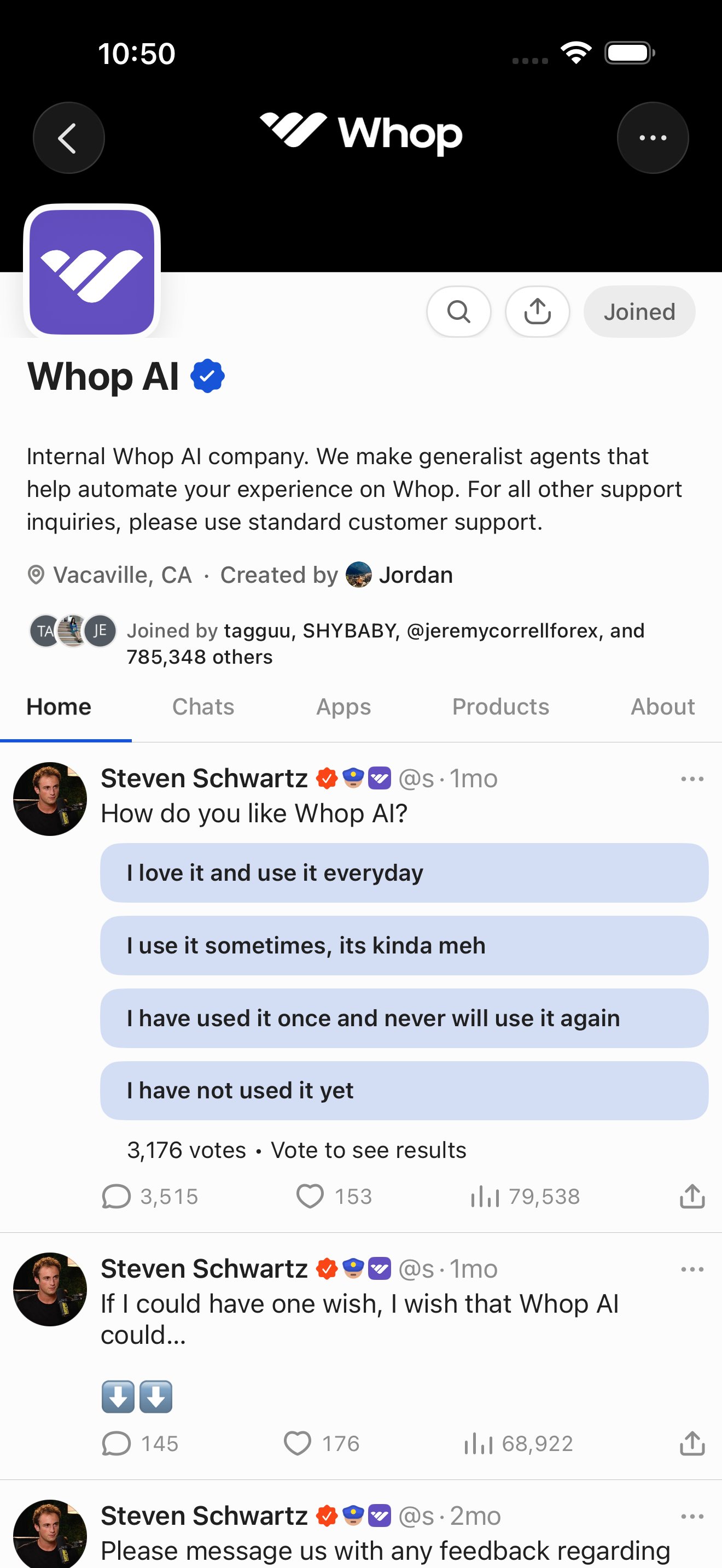 Whop AI — Home tab (dark theme + poll post)