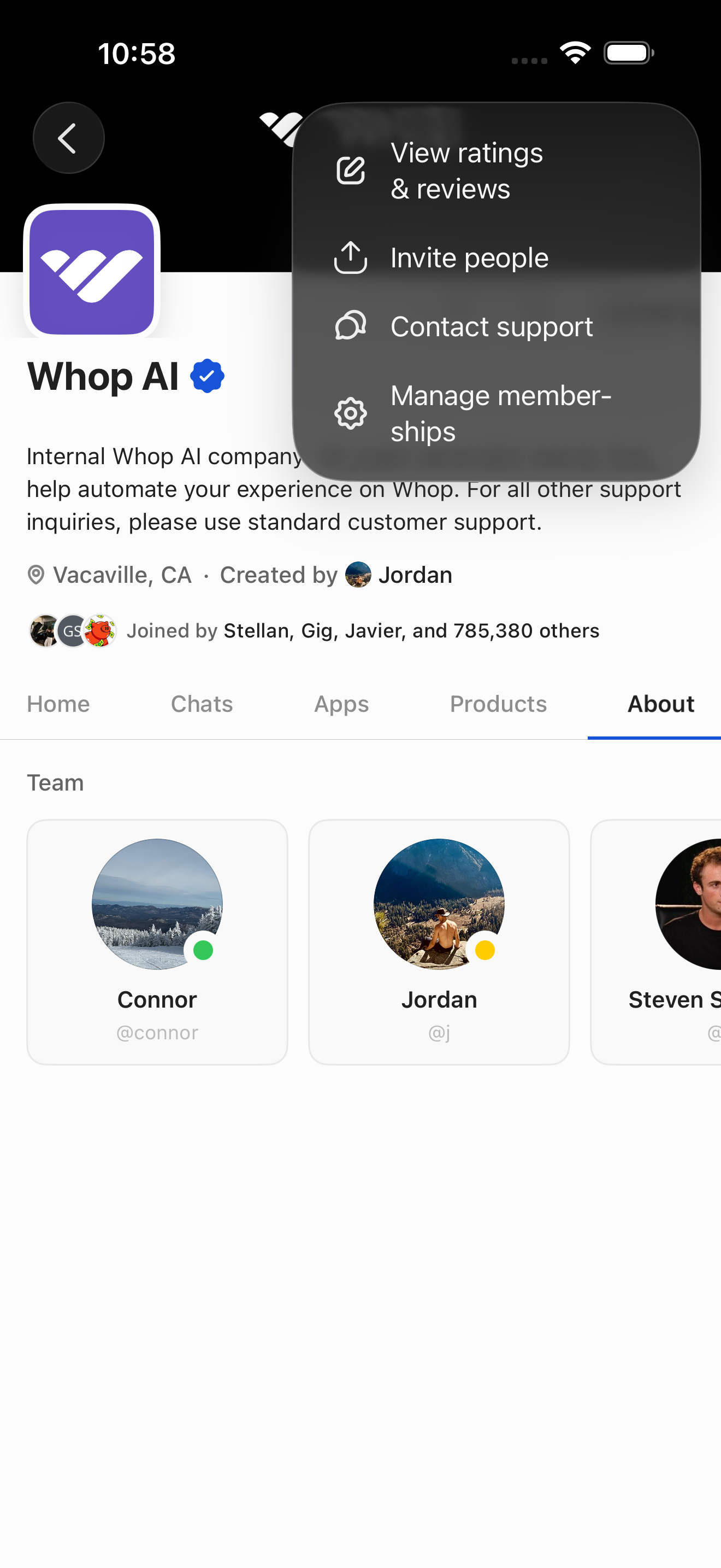 Whop member overflow menu (View ratings / Invite / Support / Manage memberships)