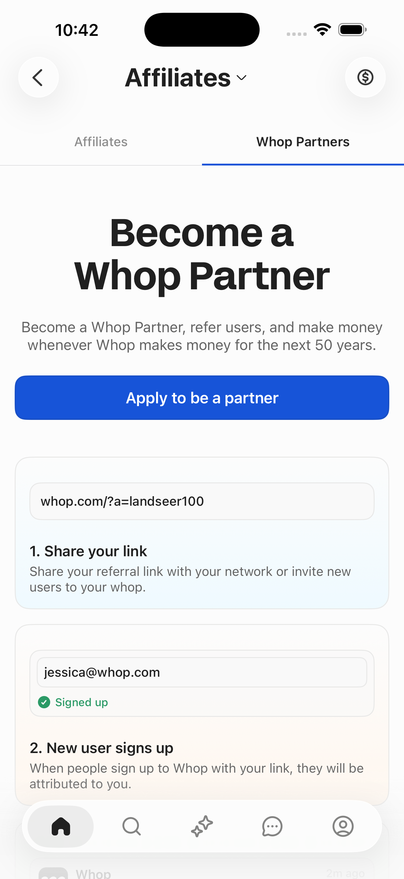 Affiliates — Whop Partners tab (onboarding)