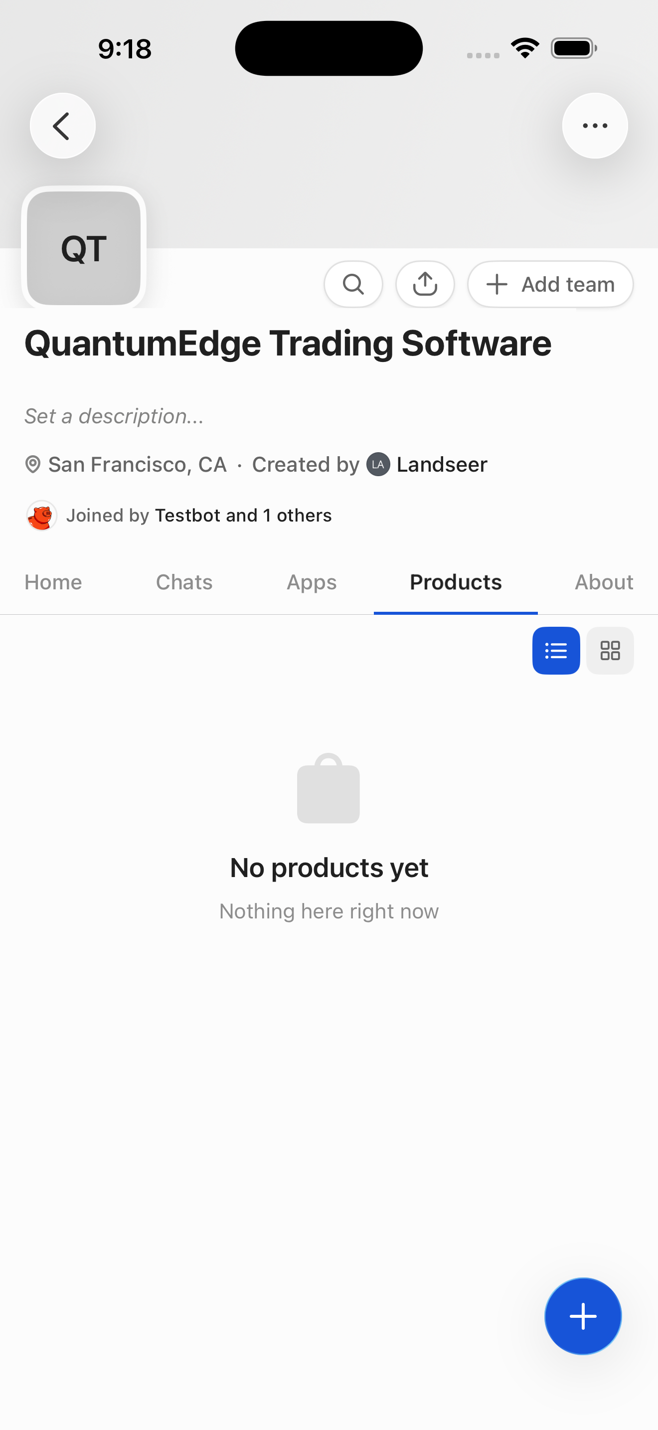 QuantumEdge Whop — Products tab (empty, list/grid toggle)