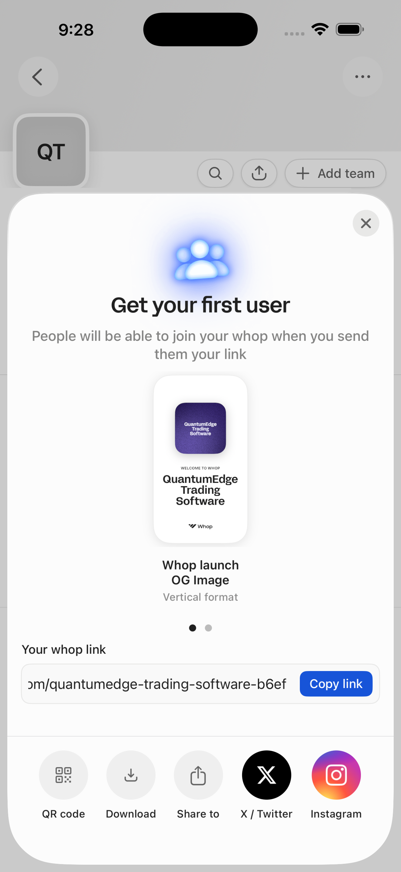 Whop Share sheet — Get your first user