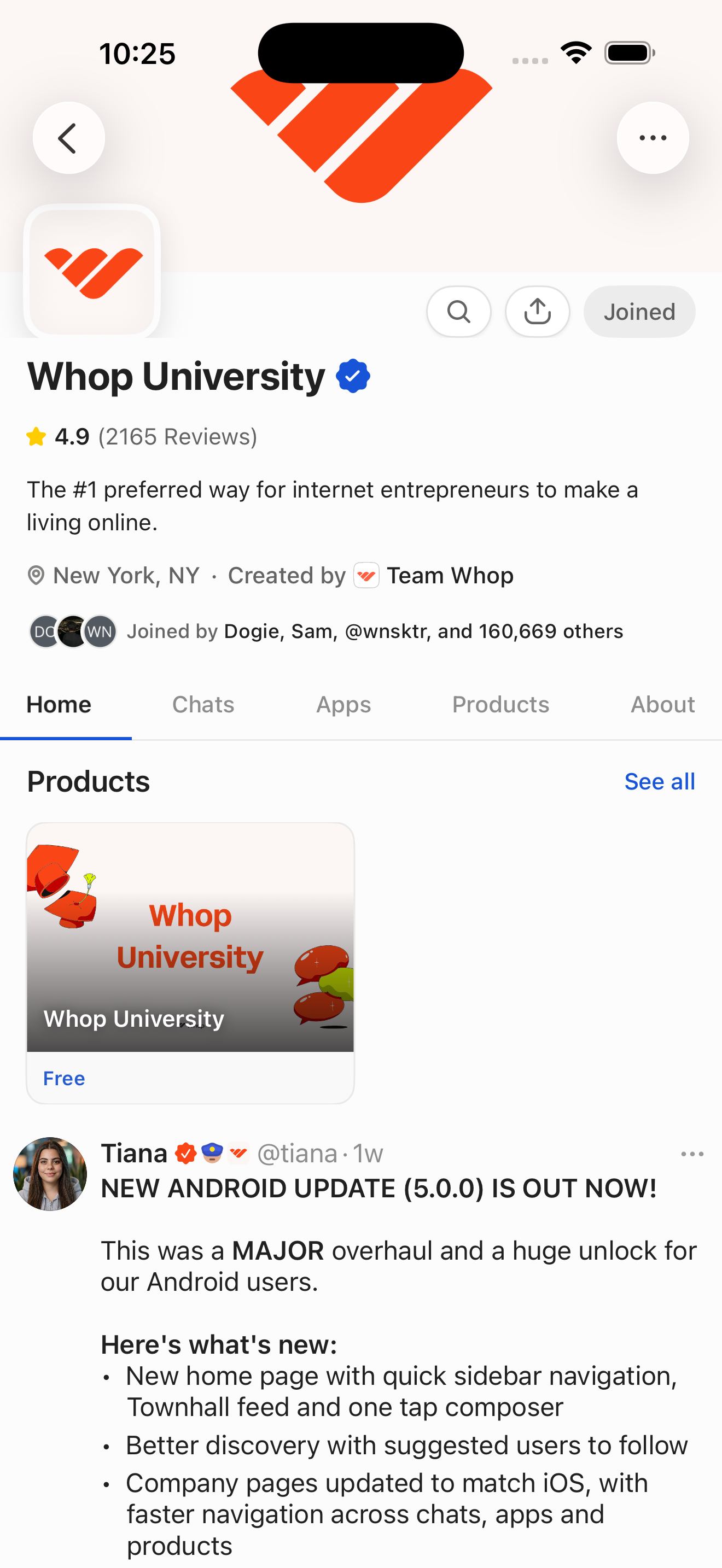 Whop University — Home tab (joined member view with feed)